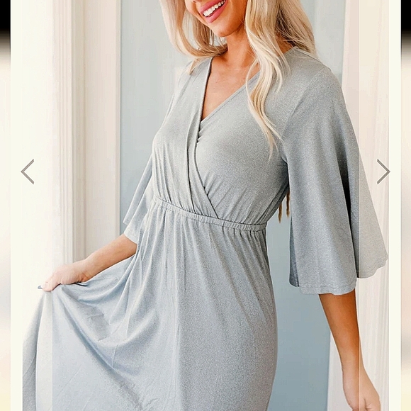 NWOT Mikarose silver glitter maxi dress elegant faux wrap bell sleeve sz M,L. - Picture 3 of 16